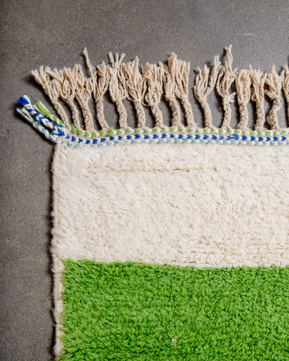 Modern, designer, handcrafted Berber rug from Morocco. Beniourain carpet with beautiful colours and patterns and fluffy wool texture.